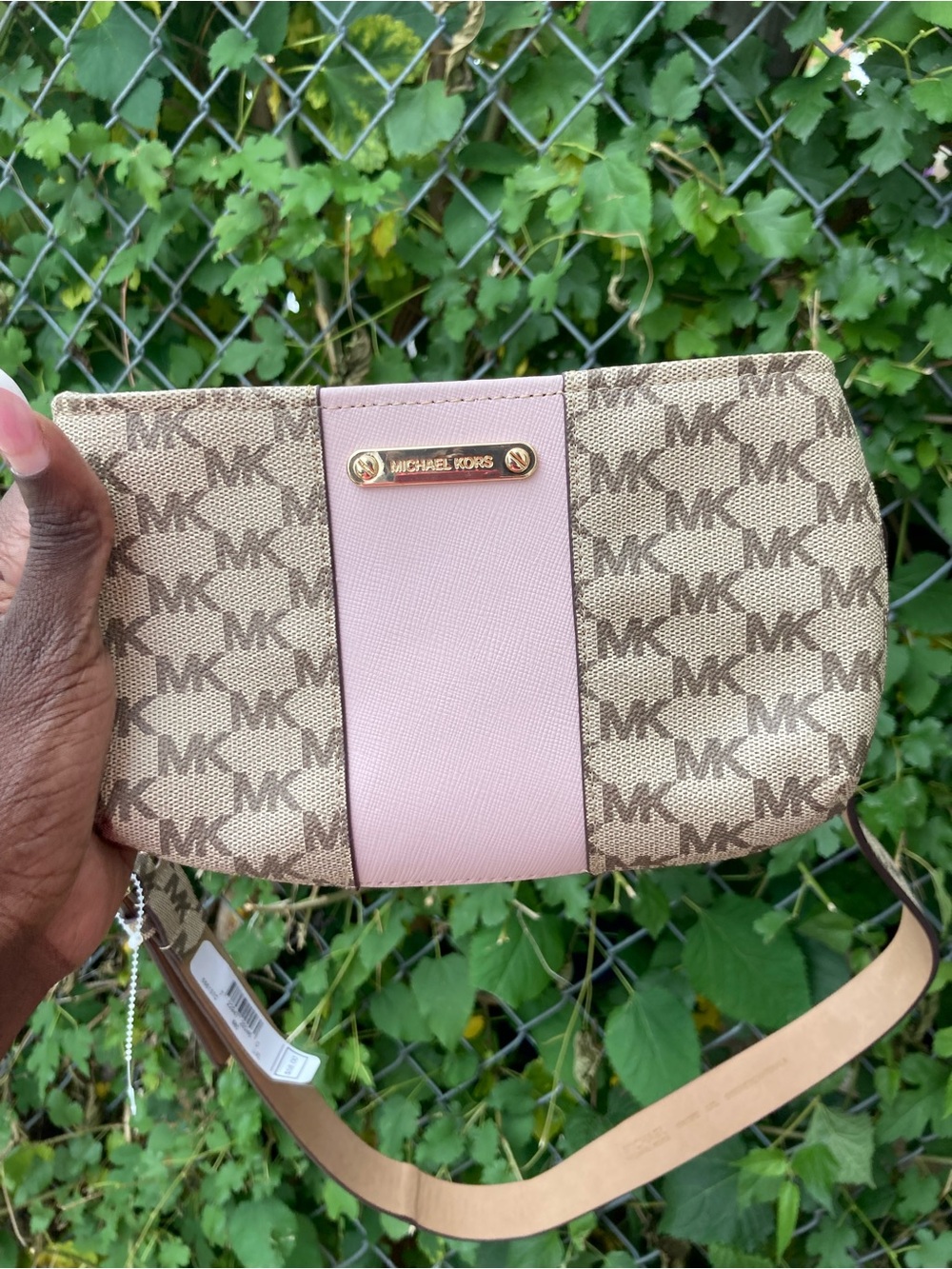 Michael Kors Beige Signature Canvas Crossbody with Blush Pink Panel